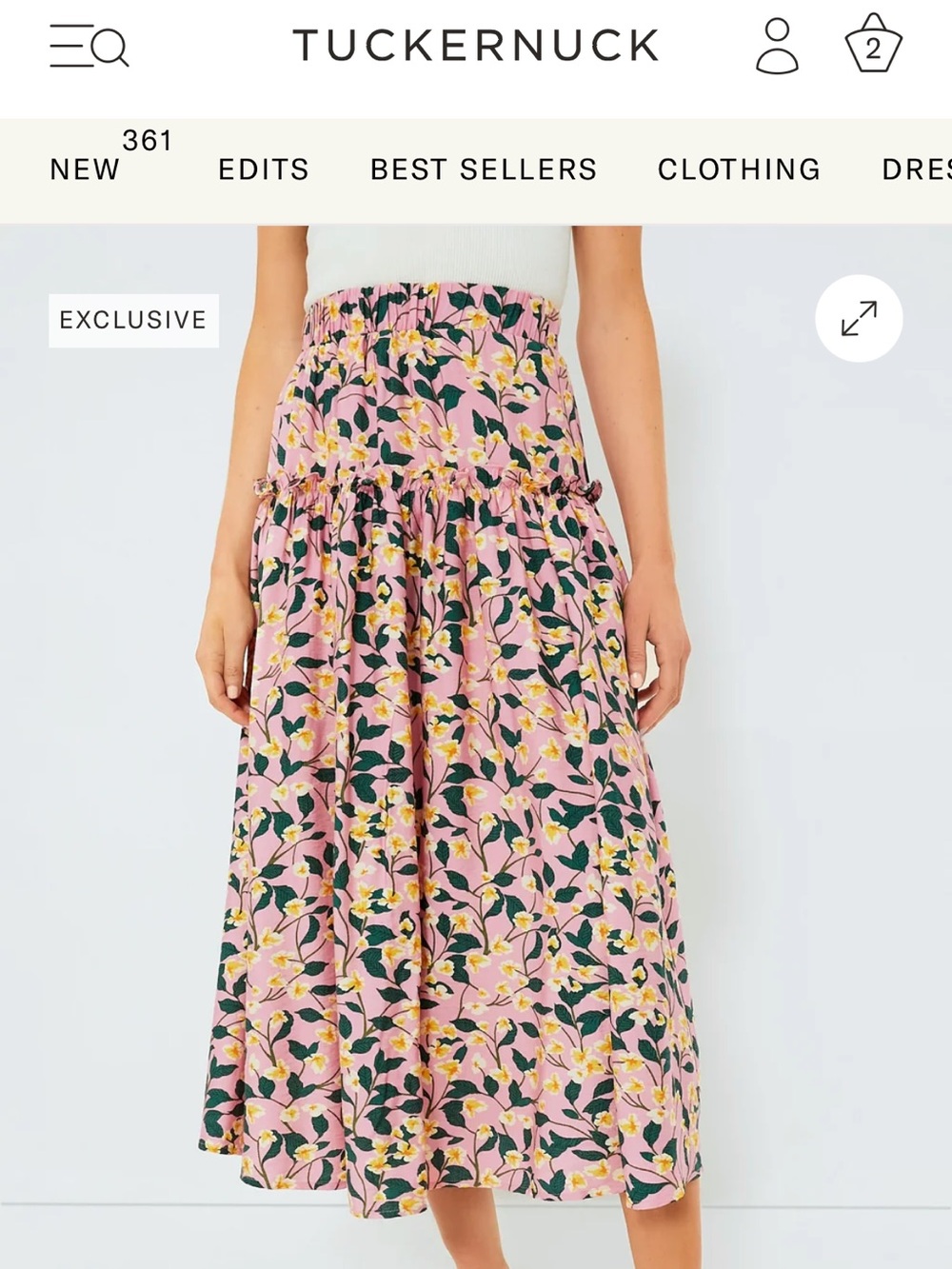 Tuckernuck Pink Floral Shirred Waist Midi Skirt with Yellow & Green Print
